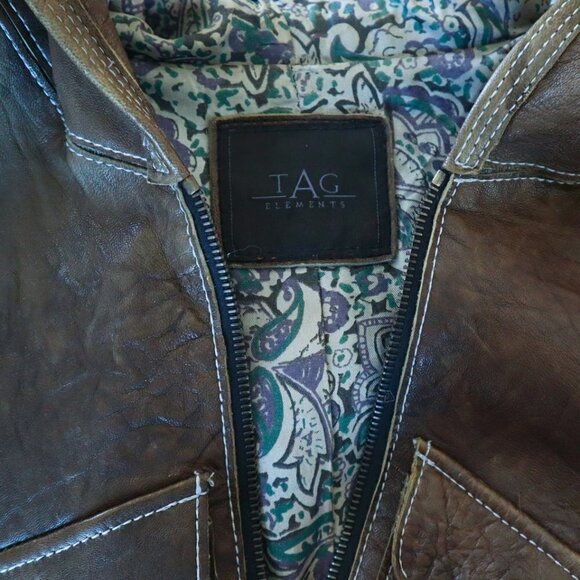 Tag Elements Olive Gray Distressed Textured Leather Hoodie Jacket Hood S M ? - Picture 5 of 5